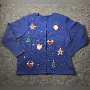 Vintage 80s/90s Karen Scott Blue Christmas Button Down Sweater Size Petite Large